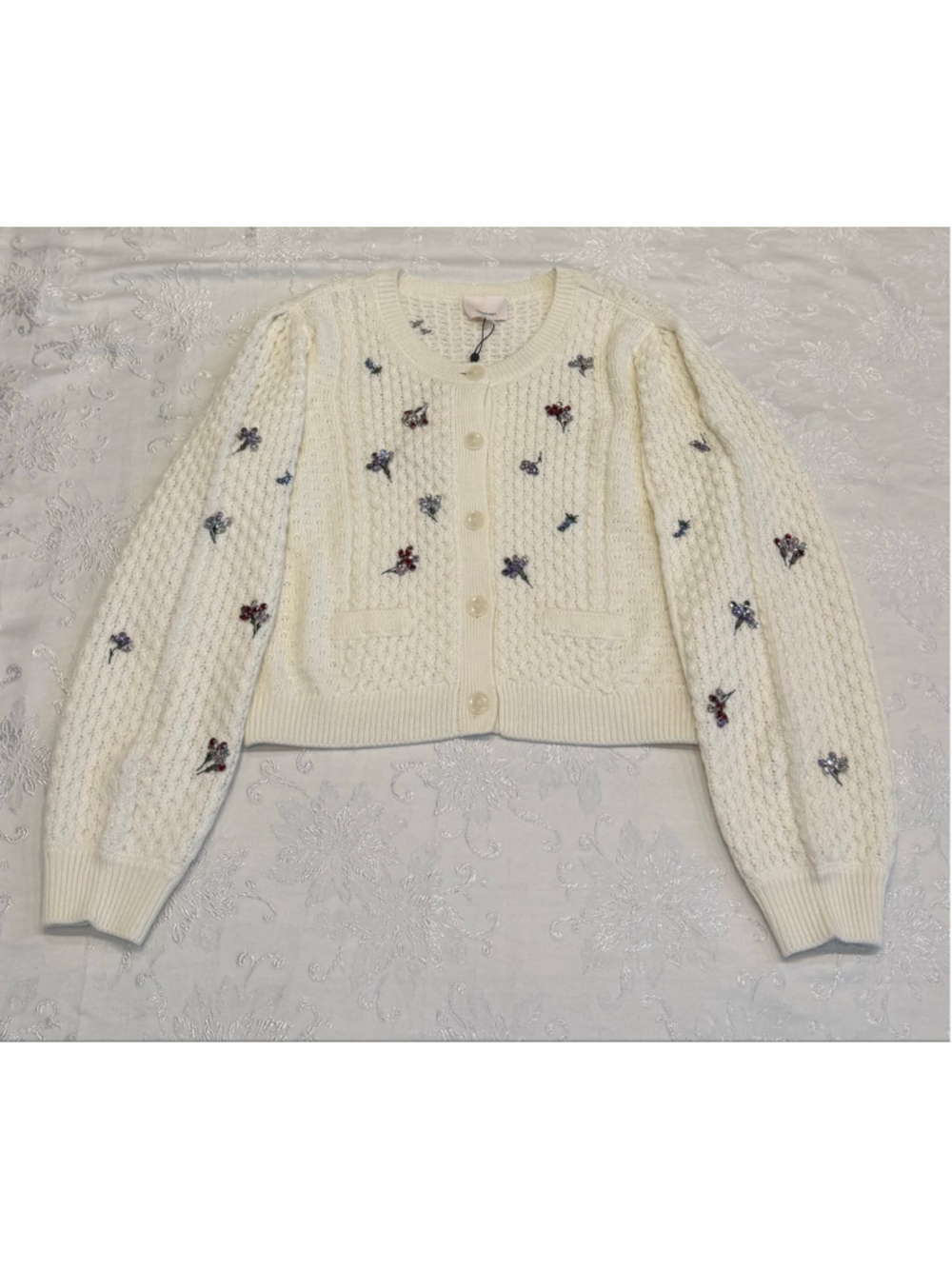 Cinq a Sept Rasa Embellished Cable Knit Cardigan Ivory Multi Size Large NWT - Picture 5 of 8